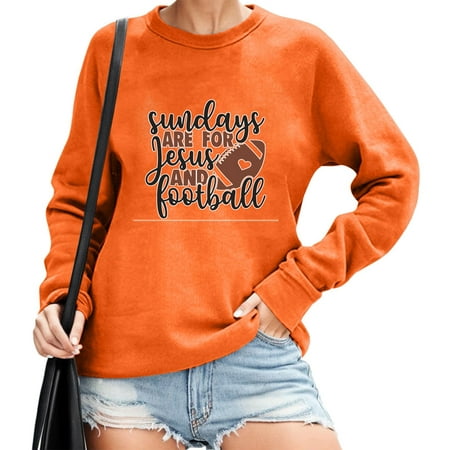 CLZOUD Sweatshirts for Women Football Season Letter Print Pullover Round Neck Long Sleeve Hoodless Hoodie Fall Winter Sweater Orange XL