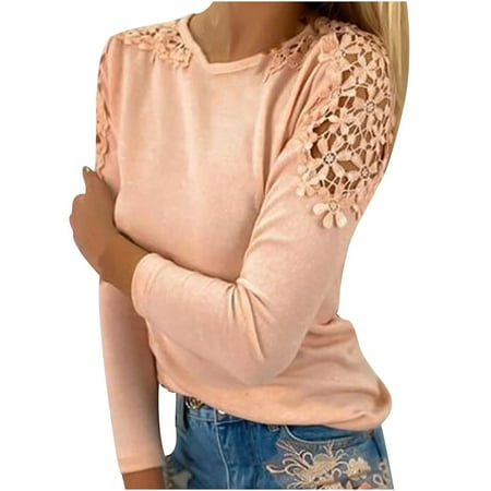Ovticza Fall Womens Tops Lace Long Sleeve Crew Neck Solid Color Womens Fall Tops 2023 Slim Fit Trendy Dressy Casual Plus Size Shirts for Womens Trendy