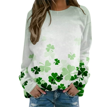CLZOUD Womans Sweatshirts St Patricks Clover Print Sweater Fall Winter Warm Pullover Long Sleeve Crewneck Hoodie Mint Green L