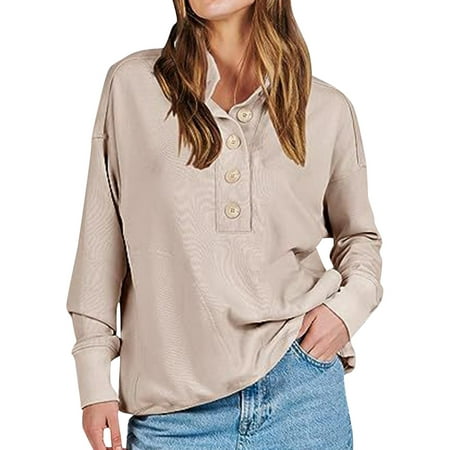 GWAABD Cute Womens Sweatshirts Solid Color Loose Pullover Button V Neck Blouse Casual Long Sleeve Lapel Shirt with Pocket Hoodless Hoodie Beige XL