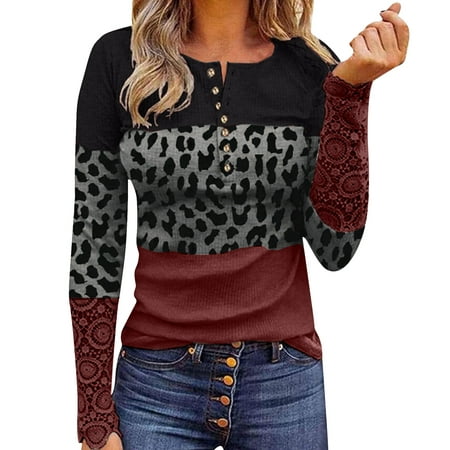Ovticza Button Down Blouses Leopard Color Block Long Sleeve Slim Fit Button up Womens Long Sleeve Tops Casual Lace Fall Henley Sexy Women Shirt Winter