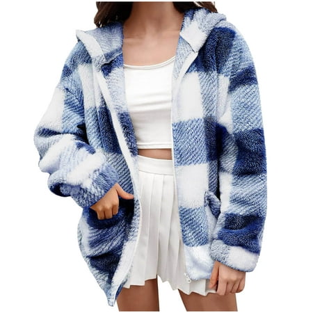CaComMARK PI Clearance Women S Buffalo Plaid Hoodie Long Sleeve Jacket Button Drawstring Casual Fall Shirts with Pocket Blue 6(M)