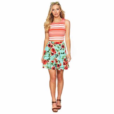 Juniors Crystal Doll 2pc Stripe/Floral Top 2pc Dress 7, Mint/Coral