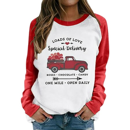 GWAABD Woman Sweatshirts Car Letter Print Blouse Round Neck Long Sleeve Pullover Autumn Winter Hoodless Hoodie Red XXL