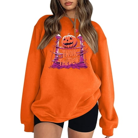 CLZOUD Womens Casual Sweatshirt Long Sleeve Sweater Drop Shoulder Hoodless Hoodie Crewneck Loose Fit Pullover Letter Pumpkin Bat Print Fall Winter War