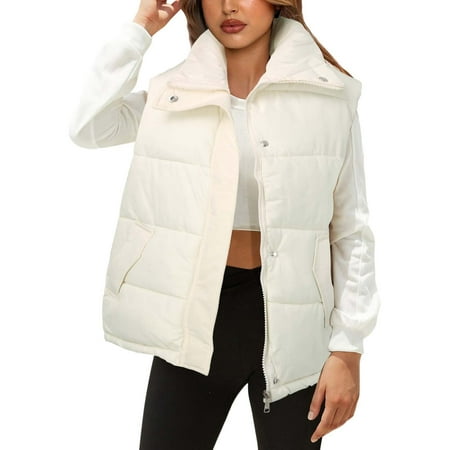 GWAABD Women S Winter Coats Solid Color Sleeveless Lapel Jacket Winter Thickened Cotton Coat Full-Zip Windproof Warm Down Outerwear White XL