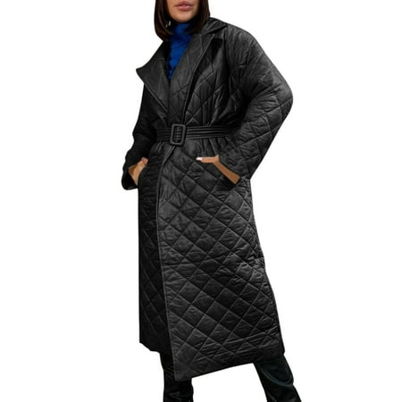 GWAABD Women S Winter Jacket Solid Color Trench Coat Warm Cotton Jacket Classic Lapel Slim Overcoat Outerwear with Belt Autumn Winter Long Tops Black 