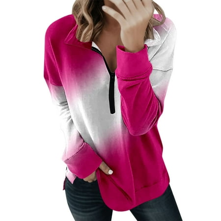 GWAABD Cozy Sweatshirts for Women Fall Winter Warm Sweaters Quarter Zip V Neck Pullover Long Sleeve Loose Blouse Casual Tie-Dyed Tunic Tops Hot Pink L