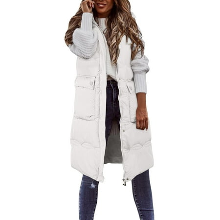 GWAABD Women Jacket Winter Sleeveless Padded Vest Fall Winter Long Gilet with Drawstring Hooded Pockets Solid Color Waistcoat Windproof Warm Down Oute