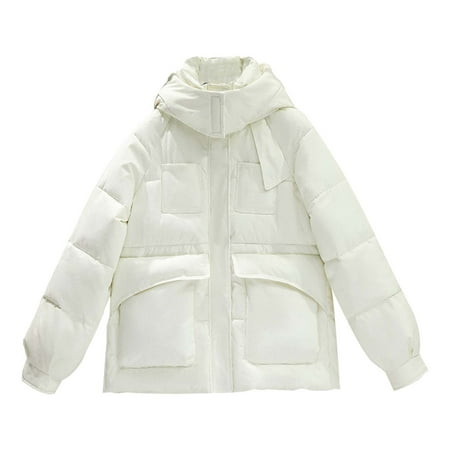 GWAABD Warm Jackets for Women Ladies Solid Color Texture Jacket Short Down Cotton Coat with Pockets Hooded Windbreaker Thick Winter Outerwear White XL
