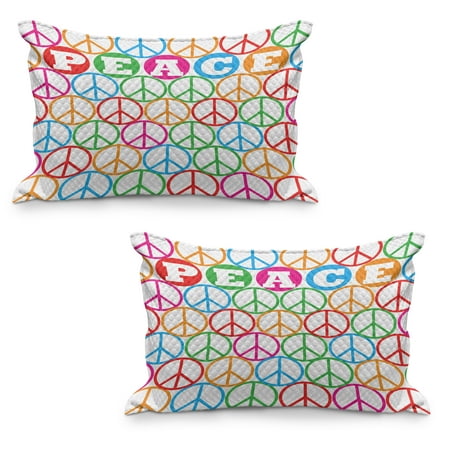 Retro Quilted Pillowcover Set of 2  Colorful Internationally Recognized Peace Sign Letters Counter Culture Print  Standard Queen Size Pillow Cover for