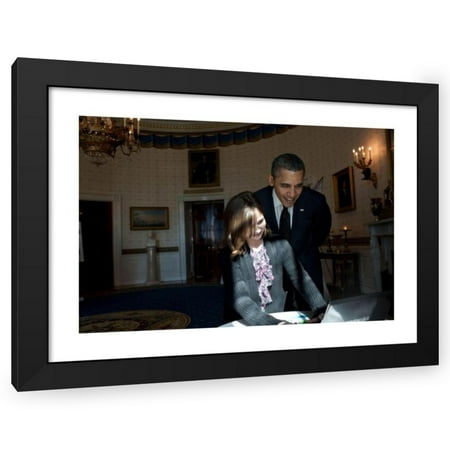 American Photo Archive 14x9 Black Modern Wood Framed Wall Art Titled - President Barack Obama Looks Over the Shoulder of Hannah Wyman  11  as She Demo