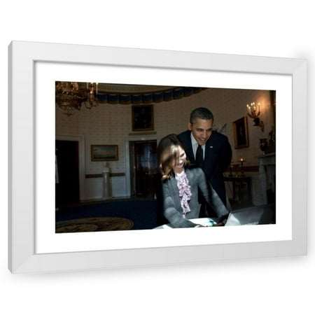 American Photo Archive 10x7 White Modern Wood Framed Wall Art Titled - President Barack Obama Looks Over the Shoulder of Hannah Wyman  11  as She Demo