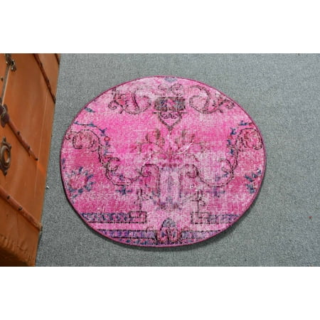 Round Rug  2.4x2.4 Ft Small Rug  Overdyed Turkish Rug  Vintage Rug  Antique Rug  Rugs for Entry  Pink Anatolian Rugs  Wool Rug  12989