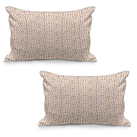 Dessert Quilted Pillowcover Set of 2  Confectionary Pattern of Pretzels and Candies on Pinky Polka Dotted Background  Standard Queen Size Pillow Cover