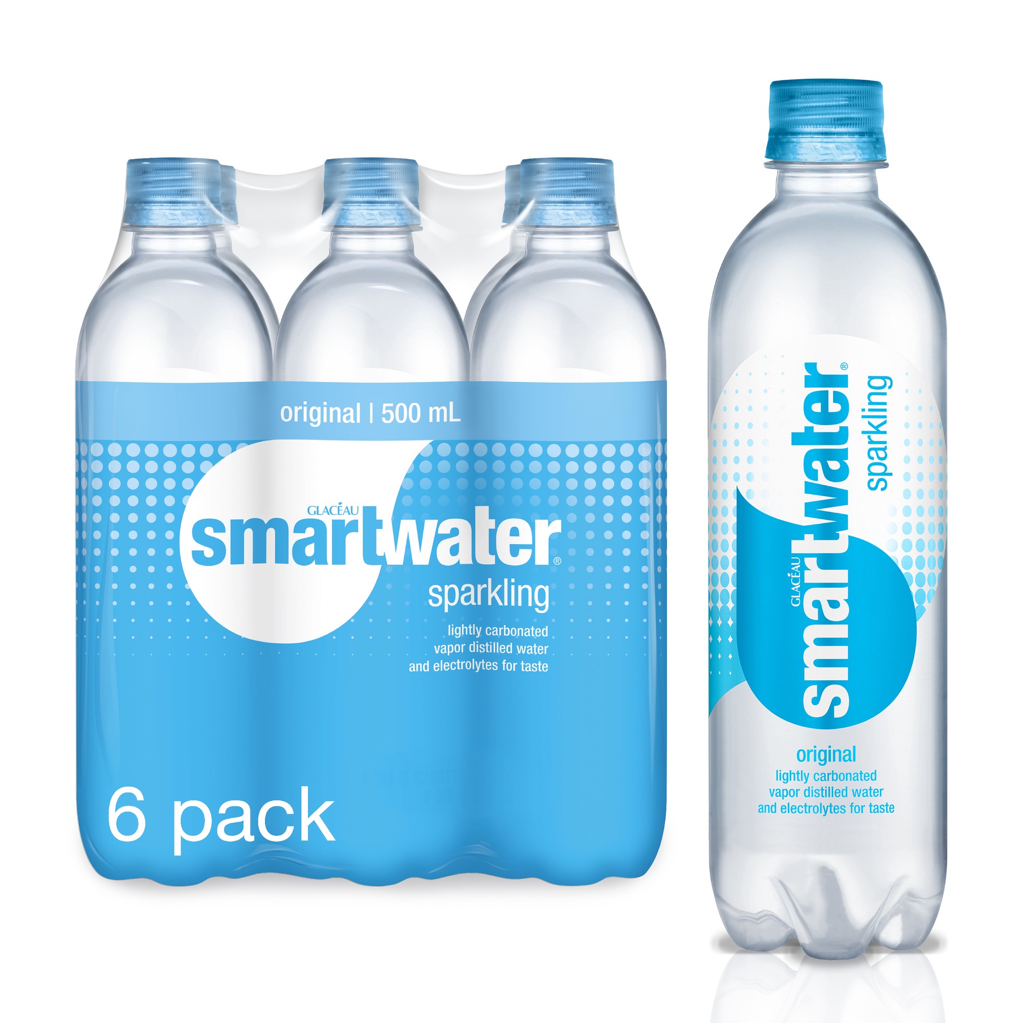 Glaceau Smartwater Sparkling Vapor Distilled Water, 16.9 Fl Oz, 6 Count