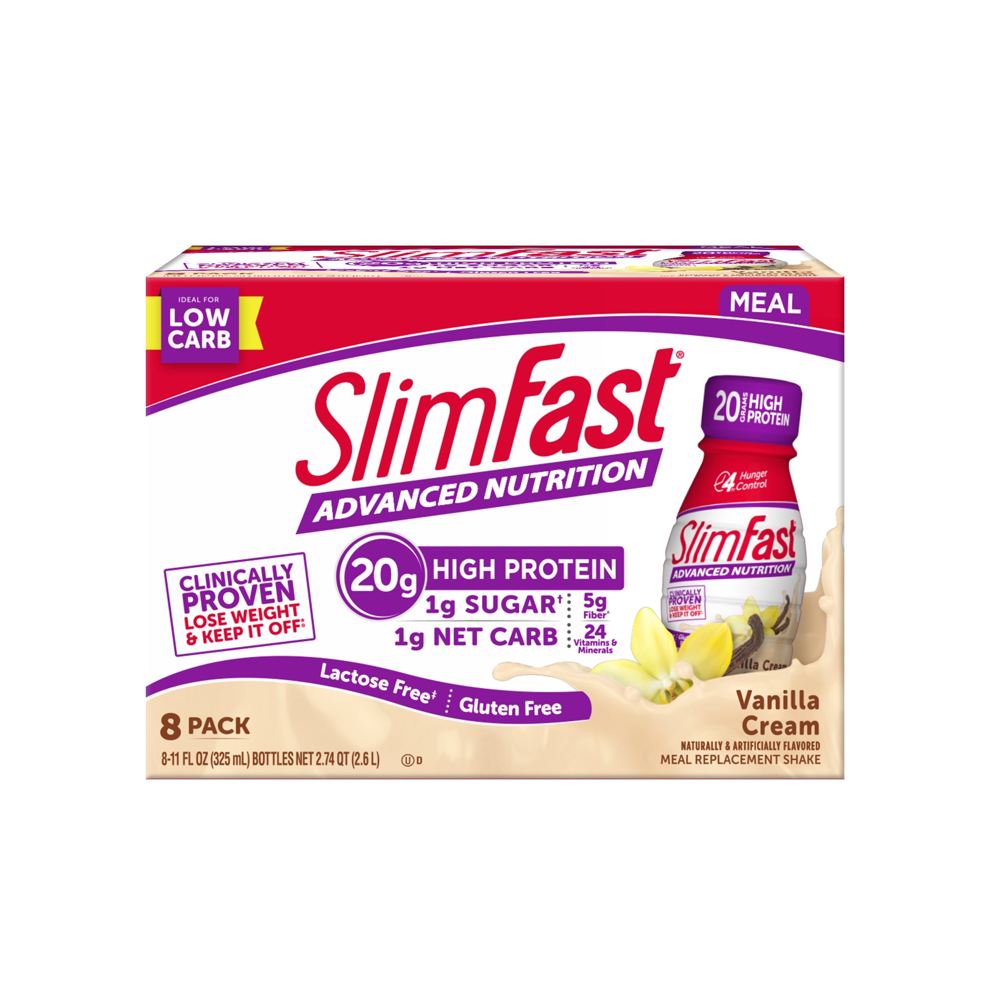 SlimFast Advanced Nutrition High Protein Ready To Drink Meal Replacement Shakes, Vanilla Cream, 11 Fl. Oz., Pack Of 8
