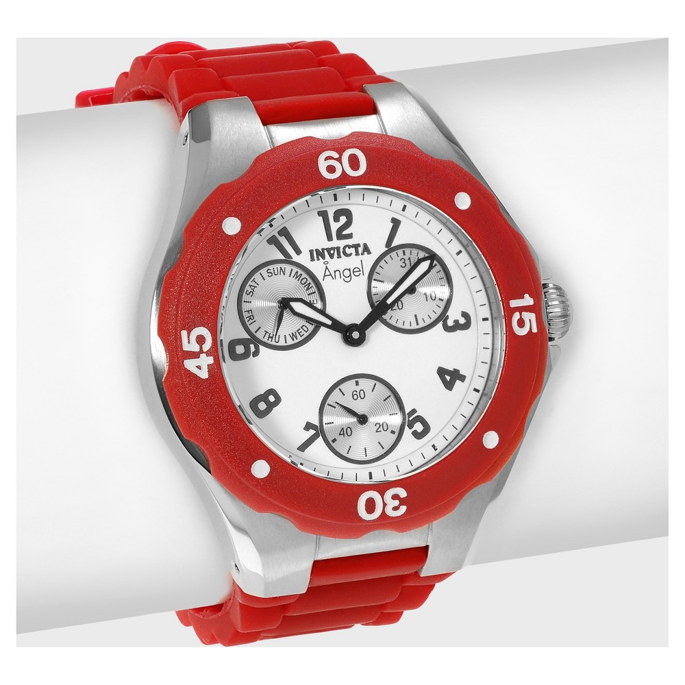 Women's Invicta Angel 0701 Stainless Steel Chronograph Dial Silicone Strap Watch - Red