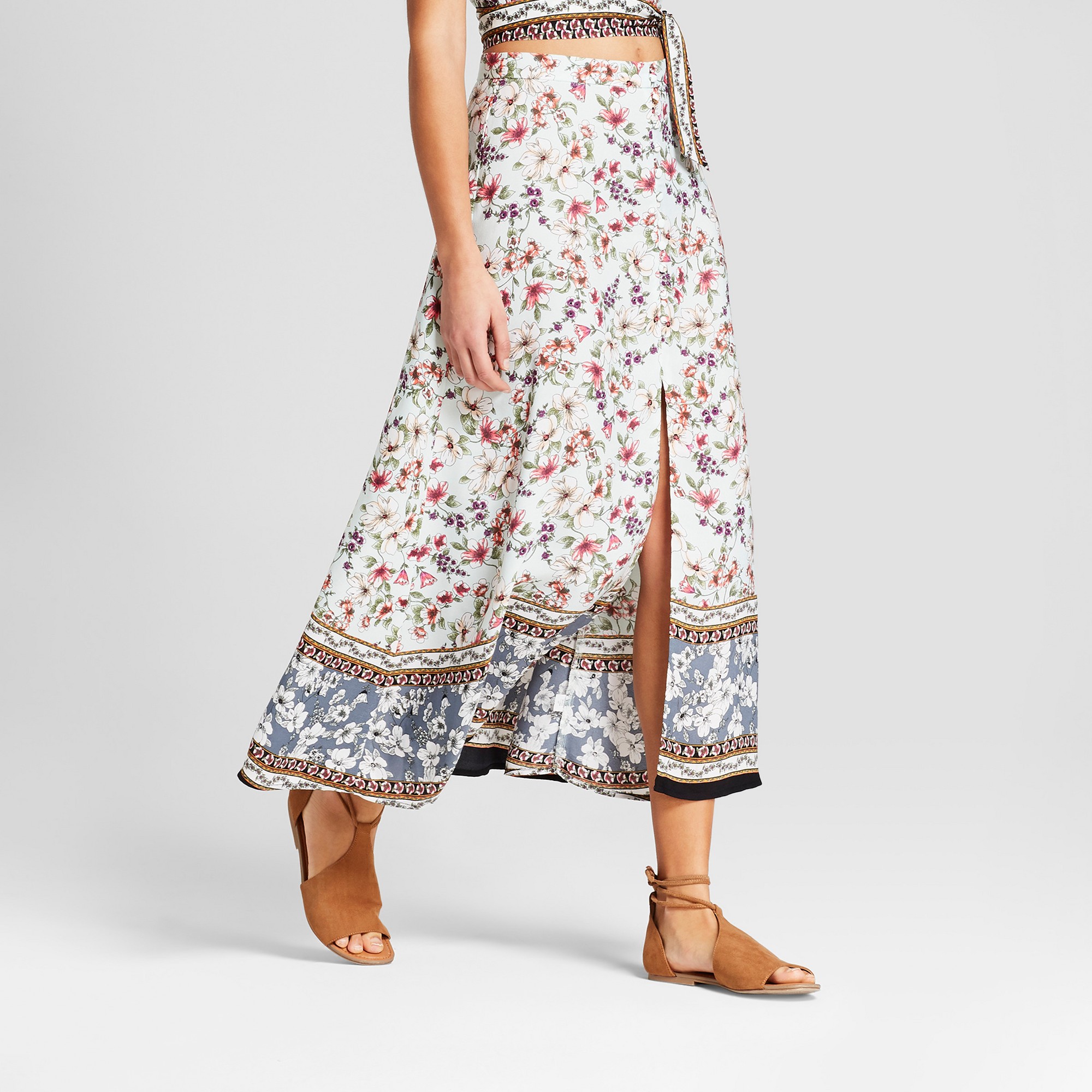 Women's Floral Print Button Front Maxi Skirt - 3Hearts (Juniors') Mint L, Green thumbnail