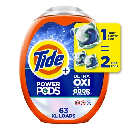 Tide Ultra Oxi Power Pods with Odor Eliminators Laundry Detergent Pacs 63 Count for Visible and Invisible Dirt