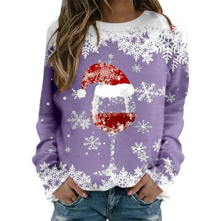 GWAABD Ladies Sweatshirts Rhinestone Goblet Print Sweater Crewneck Christmas Xmas Loose Pullover Long Sleeve Comfortable Tunic Tops Workout Oversized 