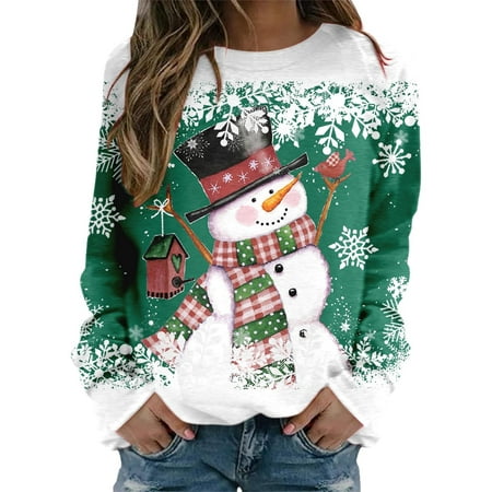 GWAABD Soft Women Sweatshirt Cute Snowman Snowflake Print Tunic Tops Crewneck Christmas Xmas Pullover Long Sleeve Sweater Workout Shirts Loose Blouse 