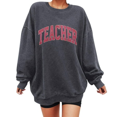 GWAABD Cute Sweatshirt for Women Letter Graphic Print Oversized Blouse Long Sleeve Sweater Crew Neck Pullover Drop Shoulder Sweatshirt Grey L
