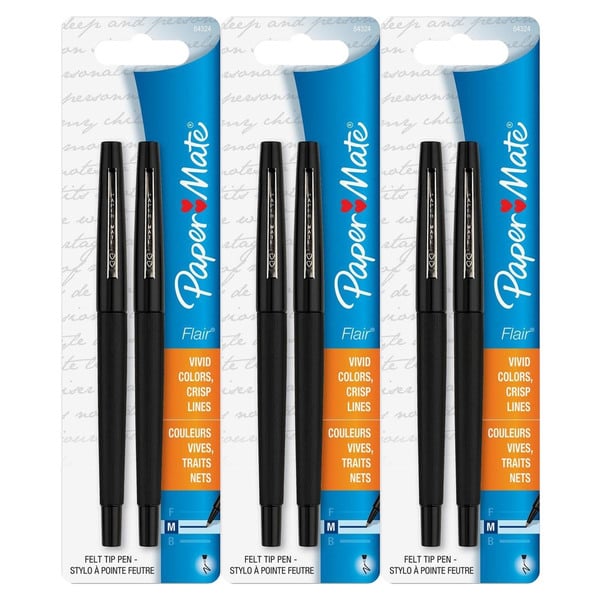 Paper Mate Flair Felt Tip Medium Point Black Ink Pens (3 Packs of 2)