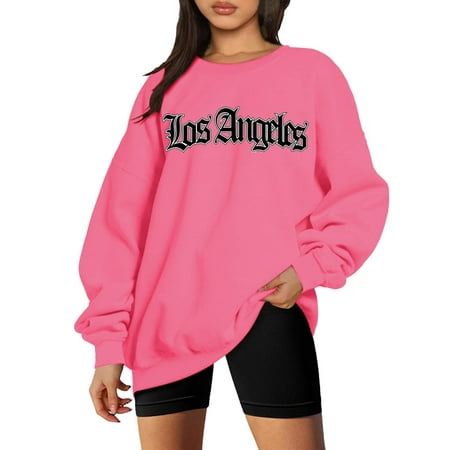 CLZOUD Oversized Sweatshirts Drop Shoulder Loose Pullover Casual Crewneck Sweaters Letter Print Hoodie Long Sleeve Blouse Hot Pink XL