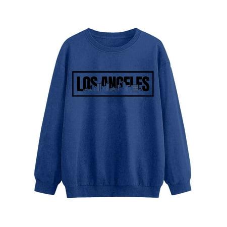 CLZOUD Sweatshirts Women Trendy Drop Shoulder Loose Sweater Letter Graphic Print Long Sleeve Pullover Crewneck Hoodie Blue XXXL