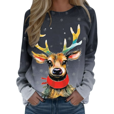 GWAABD Cute Womens Sweatshirts Christmas Reindeer Elk Snowflake Print Round Neck Pullover Long Sleeve Workout Loose Blouse Dark Gray M