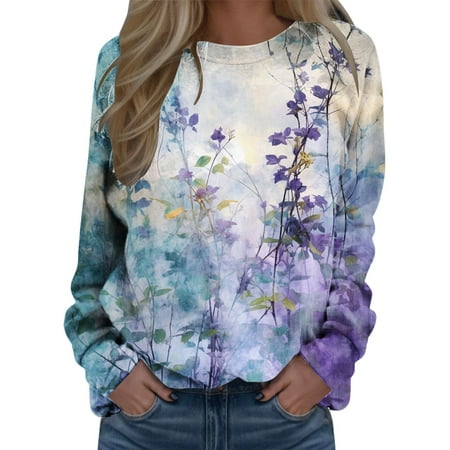 GWAABD Sweatshirt Women Long Sleeve Tunic Tops Floral Print Sweaters Casual Crewneck Pullover Loose Hoodless Hoodie Purple L