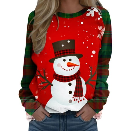GWAABD Women Sweatshirt Christmas Xmas Snowman Print Pullover Long Sleeve Hoodless Hoodie Plus Size Tunic Tops Crewneck Loose Blouse Sweaters Red L