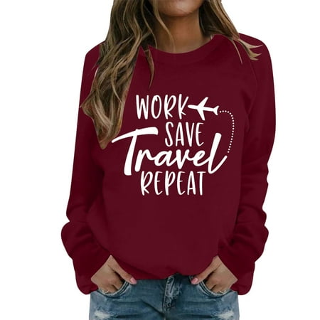 CLZOUD Cute Womens Sweatshirts Letter Travel Print Sweater Casual Comfortable Blouse Crewneck Loose Pullover Long Sleeve Tunic Tops M