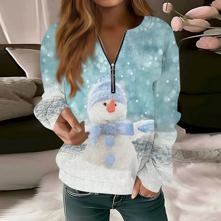 Christmas Tops for Women 14838 Women S Long Sleeve Casual Fashion Zipper Neck T-Shirt Printed Top Pullover V-Neck Top Slim Long Sleeve