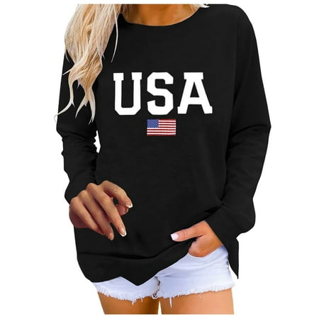 GWAABD Womens Cozy Sweatshirt USA Flag Graphic Print Oversized Sweater Plus Size Long Sleeve Crewneck Pullover Fall Winter Warm Blouse Loose Hoodies D