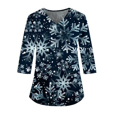 Christmas Tops for Women 17743 Fashionable V-neck Women S 3/4 Sleeved Work Clothes Pocket Christmas Printed Loose Tops