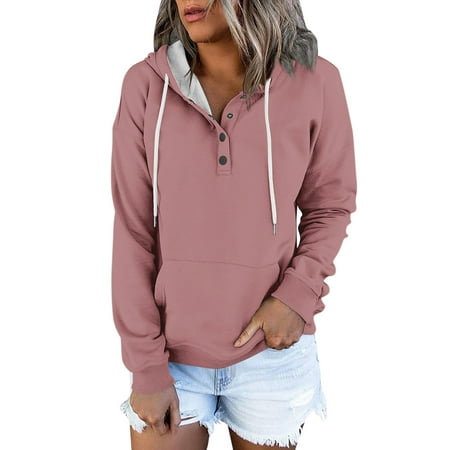 Susanny Plus Size Hoodies Rose Gold Drawstring Hooded Henley Button up Sweatshirt for Womens Fashion Comfy Fashion with Pocket Sweater Long Sleeve Tre