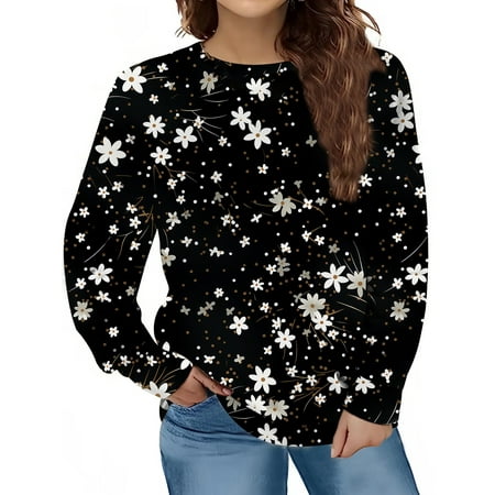 GWAABD Cute Womens Sweatshirts Ditsy Floral Graphic All Over Print Blouse Long Sleeve Loose Pullover Slim Fit Tops Crewneck Sweaters Casual Hoodless H