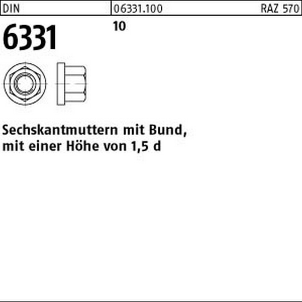 1 Pack Sechskantmu. Mit Bund DIN 6331 10 M 12 SW 18 Gestempelt (Inhalt: 25 Stück) Von Reyher