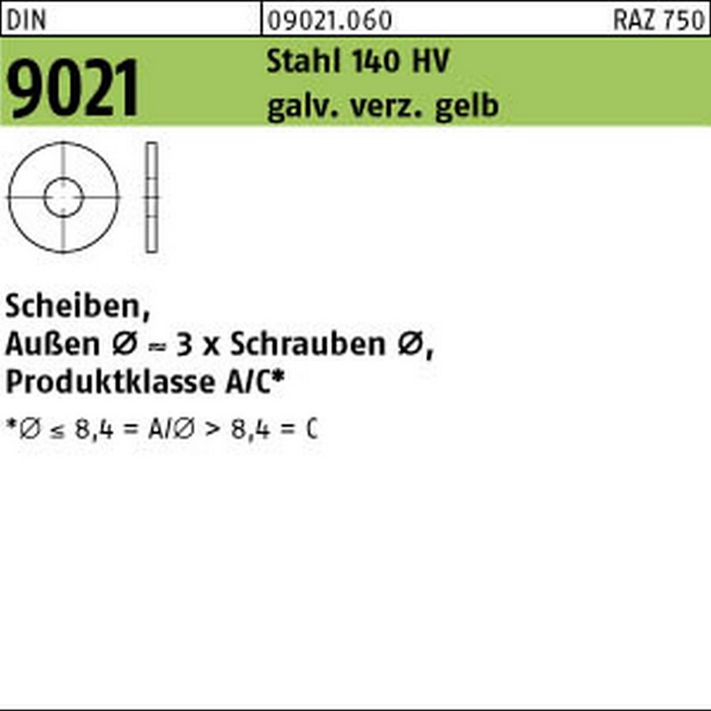 1 Pack Scheiben DIN 9021 Stahl 140 HV 17 Gal ZnC, Produktklasse C Gal ZnC (Inhalt: 100 St %.