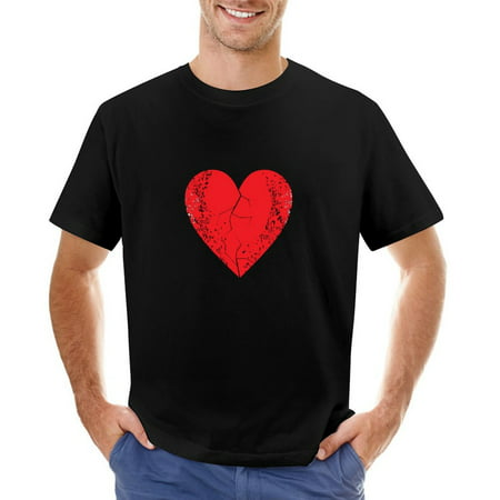 Red Heart with White Wings Men’s Graphic T-shirt Vintage Short Sleeve Sport Tee Black L