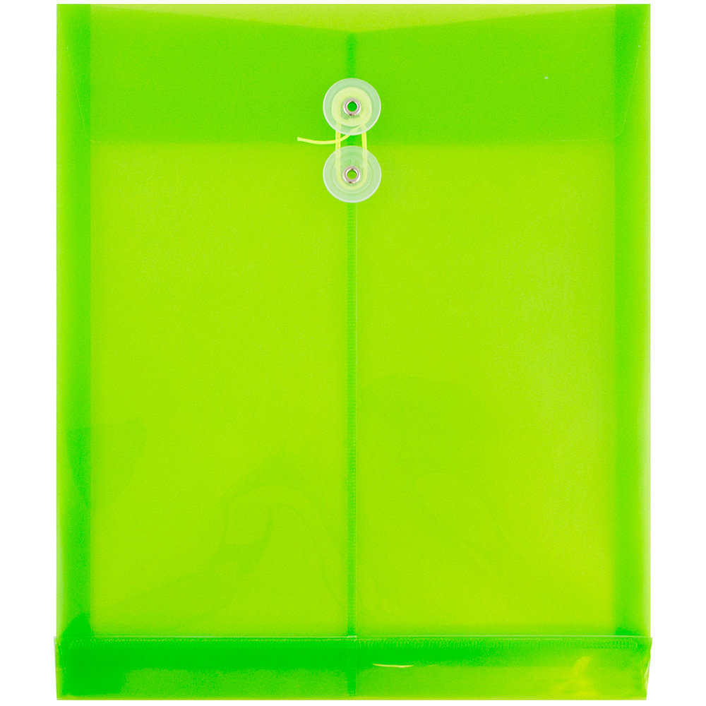 JAM Paper Plastic Envelopes with Button & String Tie Closure  Letter Open End  9 3/4  X 11 3/4   Lime Green  108/pack