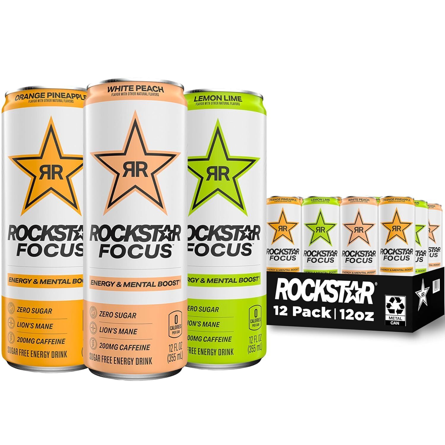 (12 Pack) Rockstar Focus 3 Flavor Sugar Free Mental Boost Energy Drink, 12 Fl Oz