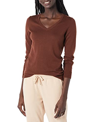 Amazon Essentials Women's Classic-Fit Lightweight Long-Sleeve V-Neck Sweater (Available in Plus Size), Brown, X-Small