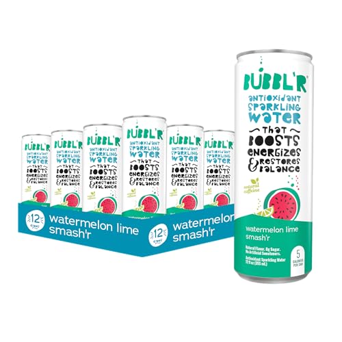 BUBBL’R Watermelon Lime Smash’r, Antioxidant Sparkling Water with Natural Caffeine, 0g Sugar, Gluten Free, All Natural Flavors, 12 Fl Oz Cans, 12