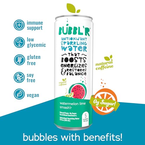 BUBBL’R Watermelon Lime Smash’r, Antioxidant Sparkling Water with Natural Caffeine, 0g Sugar, Gluten Free, All Natural Flavors, 12 Fl Oz Cans, 12 thumbnail