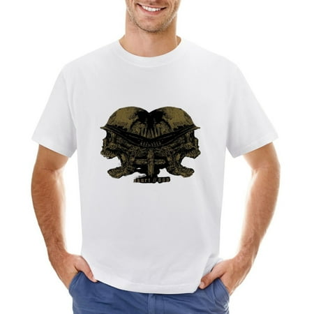 Skull with Military Helmet. Death Metal Men’s Graphic T-shirt Vintage Short Sleeve Sport Tee White L