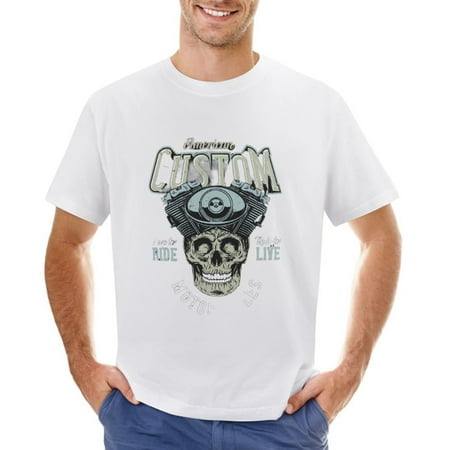 Biker Skull. Vintage Custom Men’s Graphic T-shirt Vintage Short Sleeve Sport Tee White L