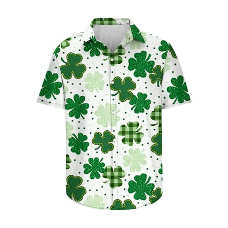 VSSSJ Men S St. Patrick S Day Print T Shirts Relaxed Short Sleeve Button Down Turndown Collar T-Shirts Fashion Four-Leaf Clover Graphic Tees White L